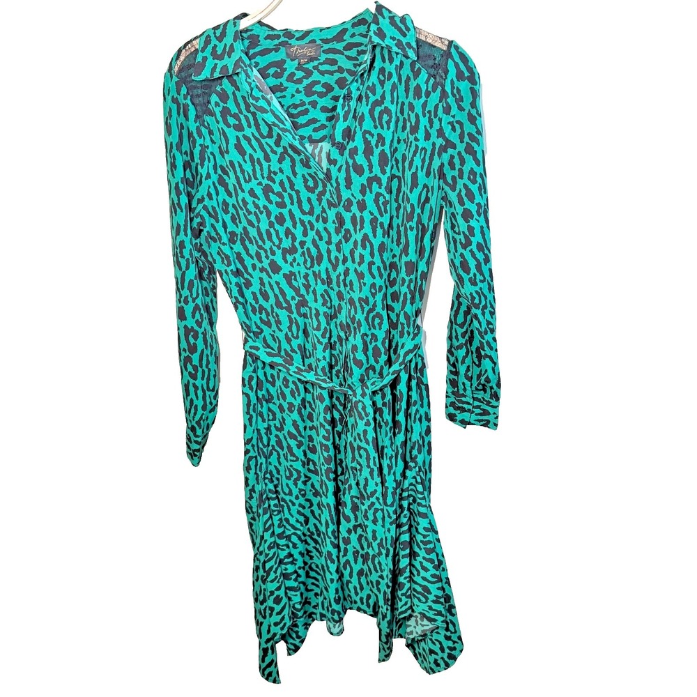 Thalia Sodi Animal Print Dress Medium Green Black Leopard Pattern Lace Shoulders